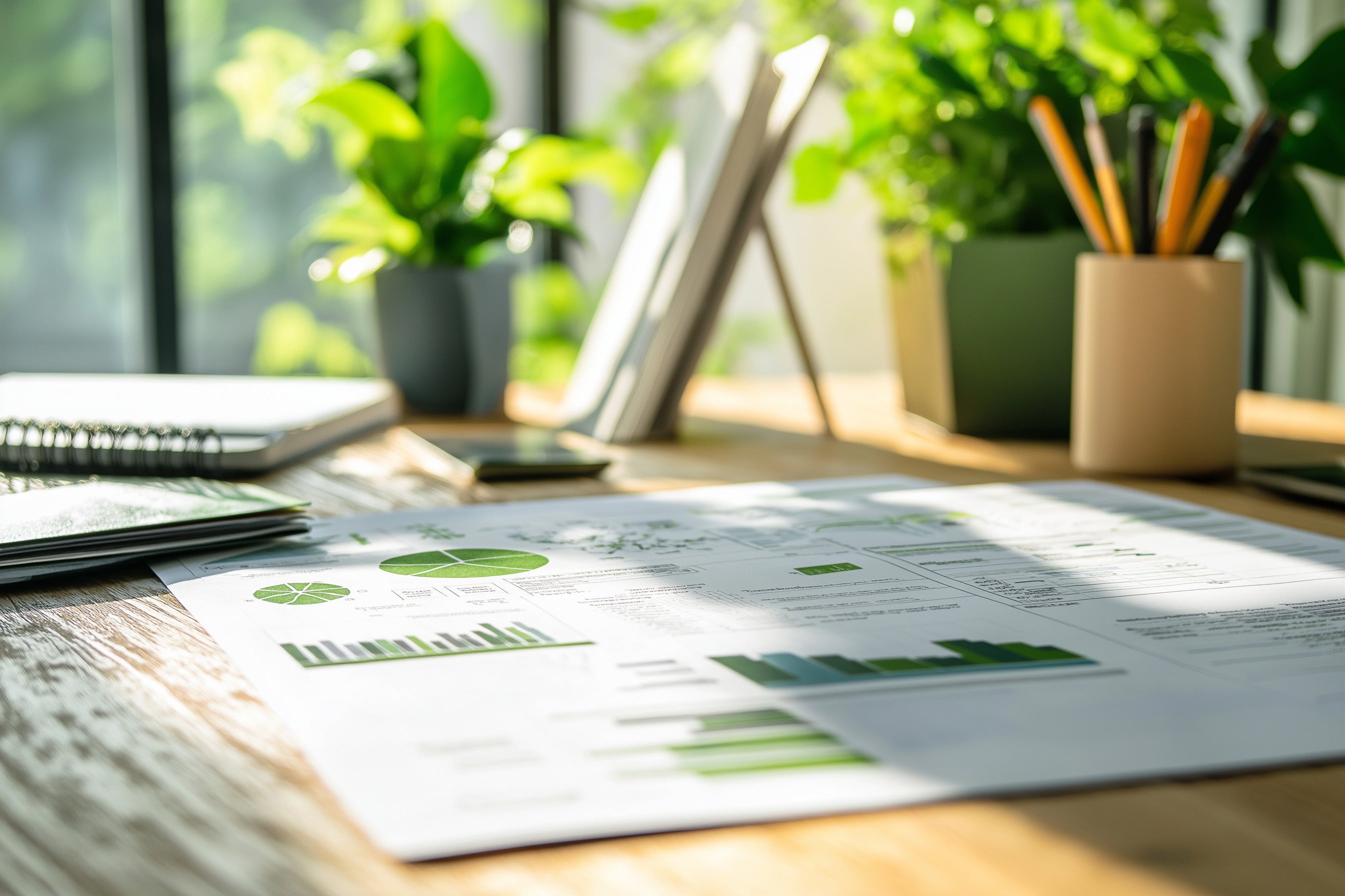 A picture of a stack of papers on a desk with plants in the backgorund