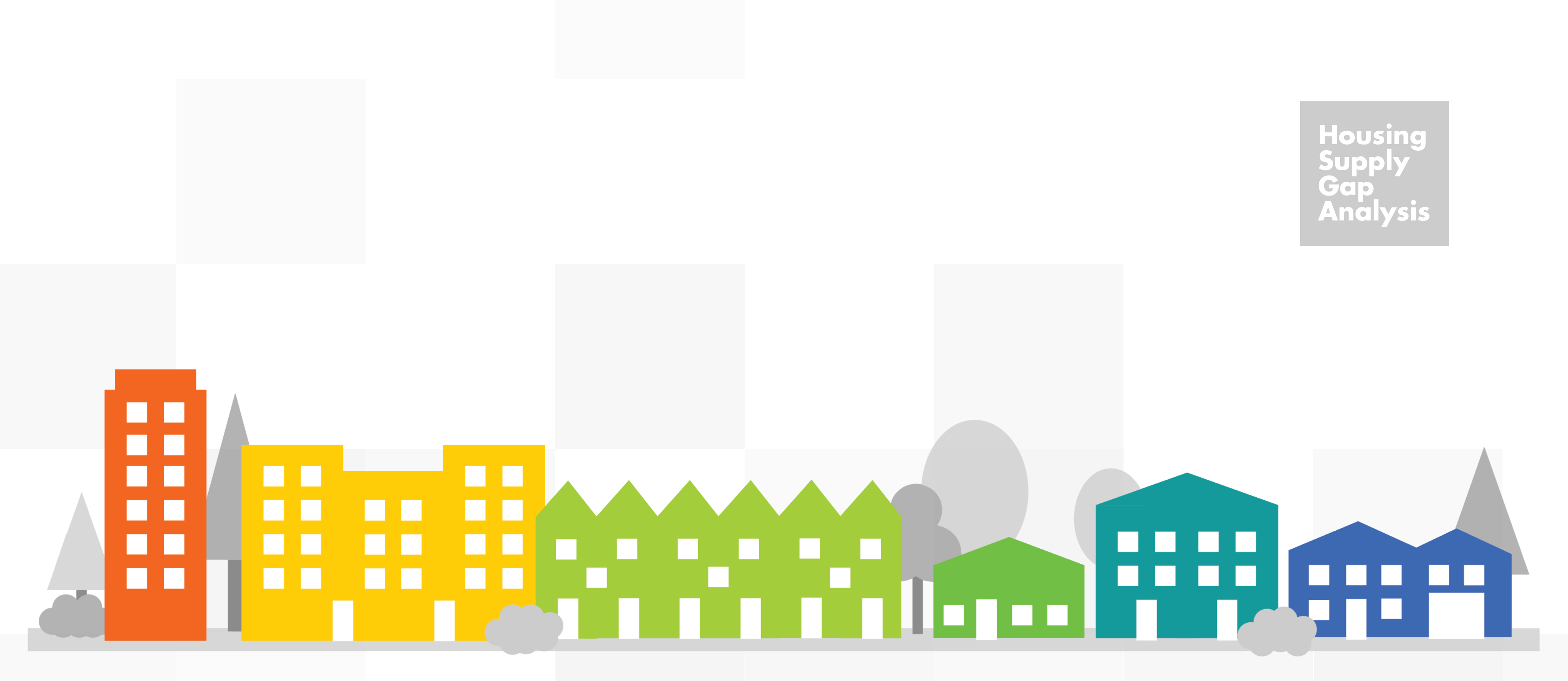 Illustration of various colored buildings representing different housing types, with the text "Housing Supply Gap Analysis" in the upper right corner.