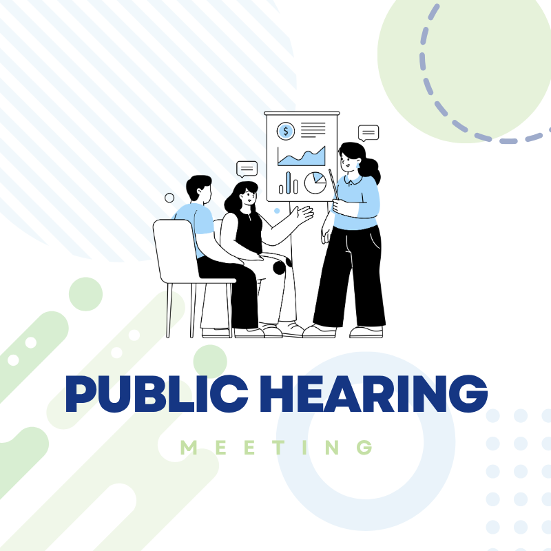 Group listening to presentation - Text: "Public Hearing, Meeting"