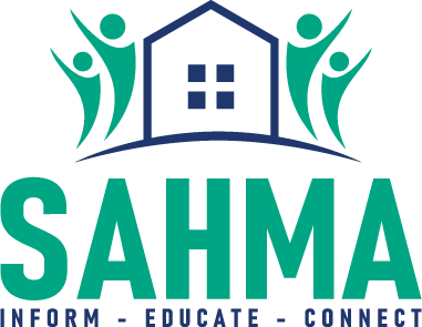 SAHMA logo with a house outline and stylized people, accompanied by the words “INFORM – EDUCATE – CONNECT” below the acronym.