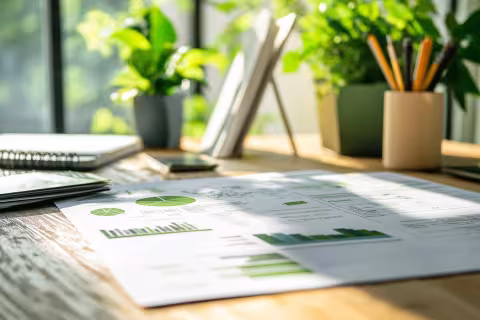 A picture of a stack of papers on a desk with plants in the backgorund