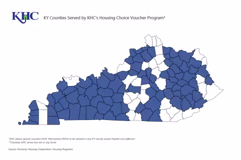 Map of Kentucky highlighting counties served by the KHC Housing Choice Voucher Program in blue, excluding Fayette and Jefferson counties.