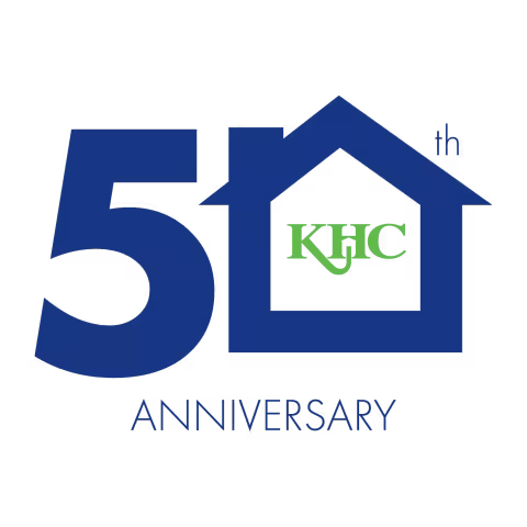 Square version of KHC's 50th Anniversary Logo. Blue 50 with house making the zero with a green KHC inside.